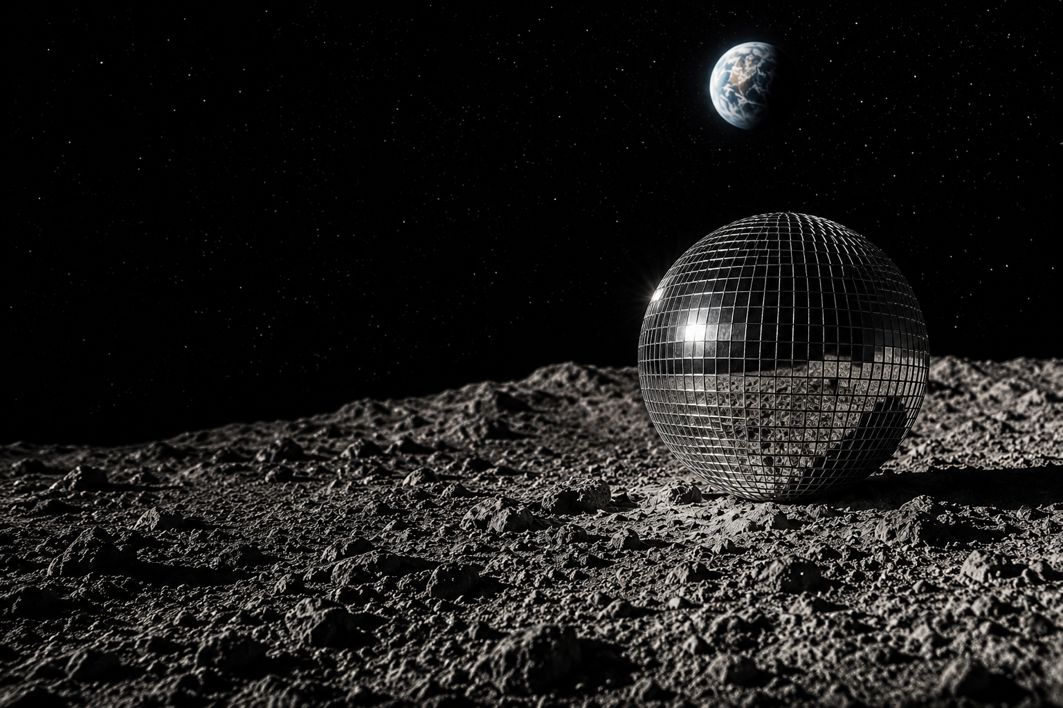 A chrome disco ball resting on the lunar surface with Earth in the distance